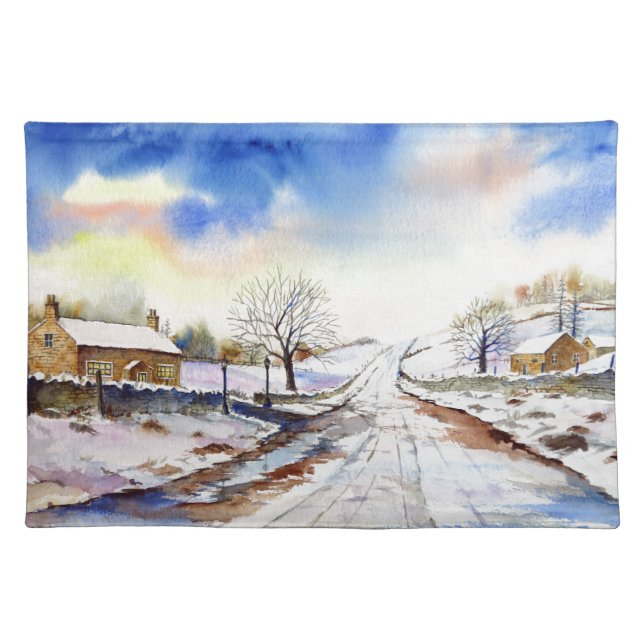 Wintery Lane Watercolor Landscape Painting Cloth Placemat (Front)