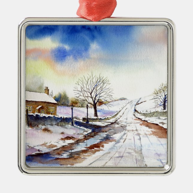 Wintery Lane Watercolor Landscape Painting Metal Ornament (Front)