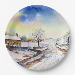 Wintery Lane Watercolor Landscape Painting Paper Plates