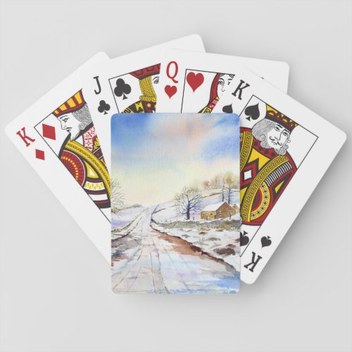 Wintery Lane Watercolor Landscape Painting Poker Cards