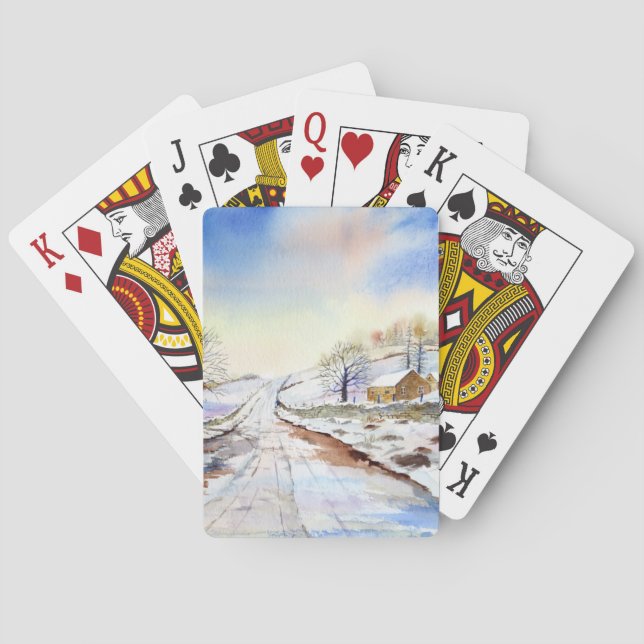 Wintery Lane Watercolor Landscape Painting Poker Cards (Back)