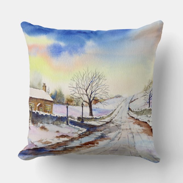 Wintery Lane Watercolor Landscape Painting Throw Pillow (Front)