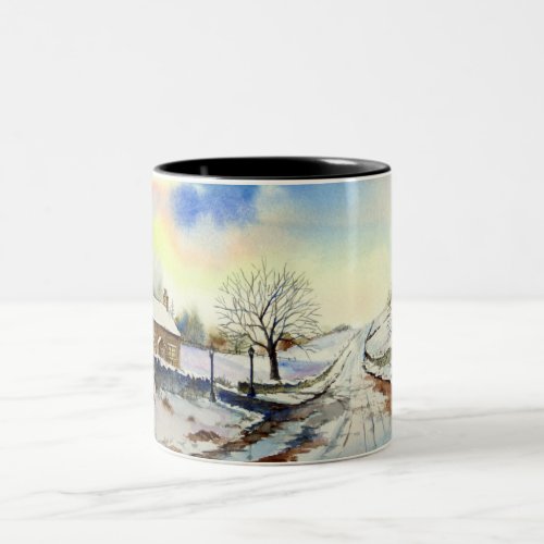 Wintery Lane Watercolor Landscape Painting Two_Tone Coffee Mug