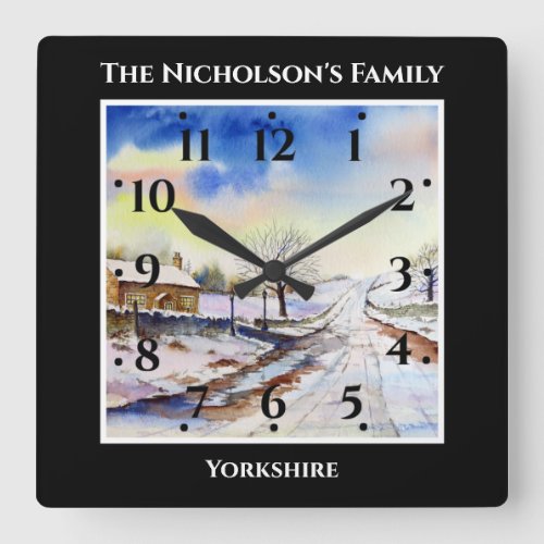 Wintery Lane Watercolor Yorkshire England Black Square Wall Clock