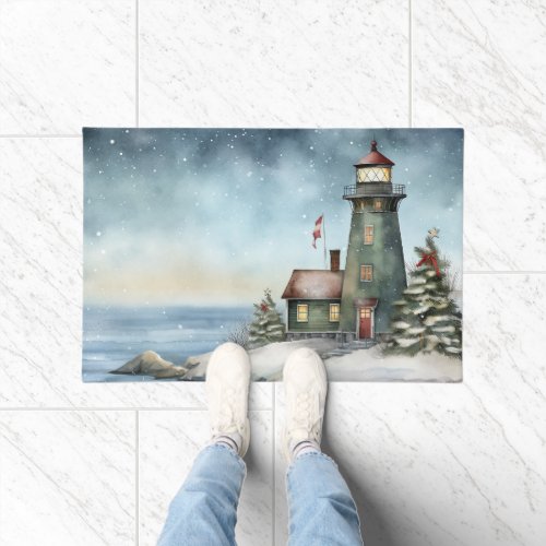 Wintery Lighthouse Nautical Beach Doormat