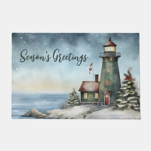 Wintery Lighthouse Seasons Greetings Christmas Doormat