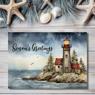 Wintery Lighthouse Season's Greetings Christmas Holiday Card