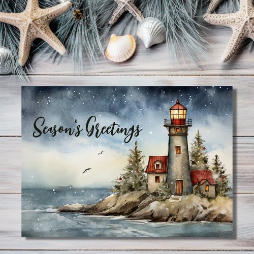 Wintery Lighthouse Seasons Greetings Christmas Holiday Card