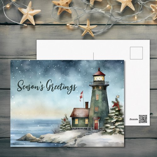 Wintery Lighthouse Seasons Greetings Christmas Holiday Postcard