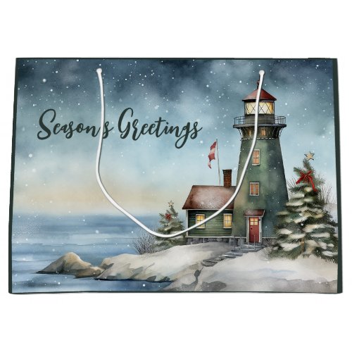 Wintery Lighthouse Seasons Greetings Christmas Large Gift Bag