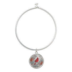 Wintery Red Cardinal Bird Bangle Bracelet