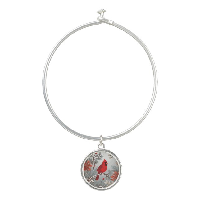 Wintery Red Cardinal Bird  Bangle Bracelet (Front)