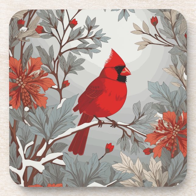 Wintery Red Cardinal Bird  Beverage Coaster (Front)