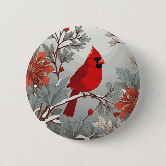 Wintery Red Cardinal Bird  Button (Front)
