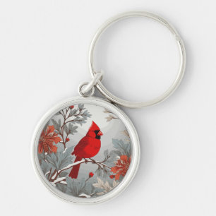 Wintery Red Cardinal Bird Keychain