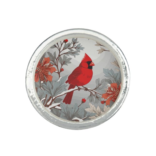 Wintery Red Cardinal Bird  Ring (Front)