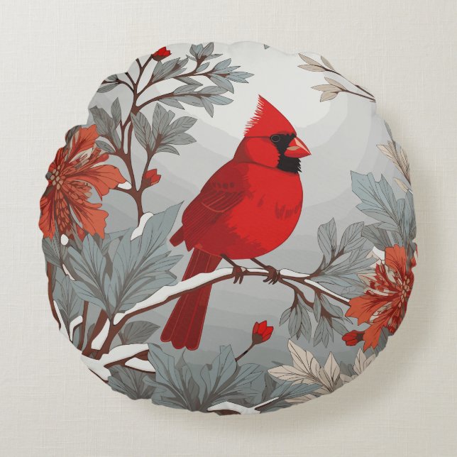 Wintery Red Cardinal Bird  Round Pillow (Front)