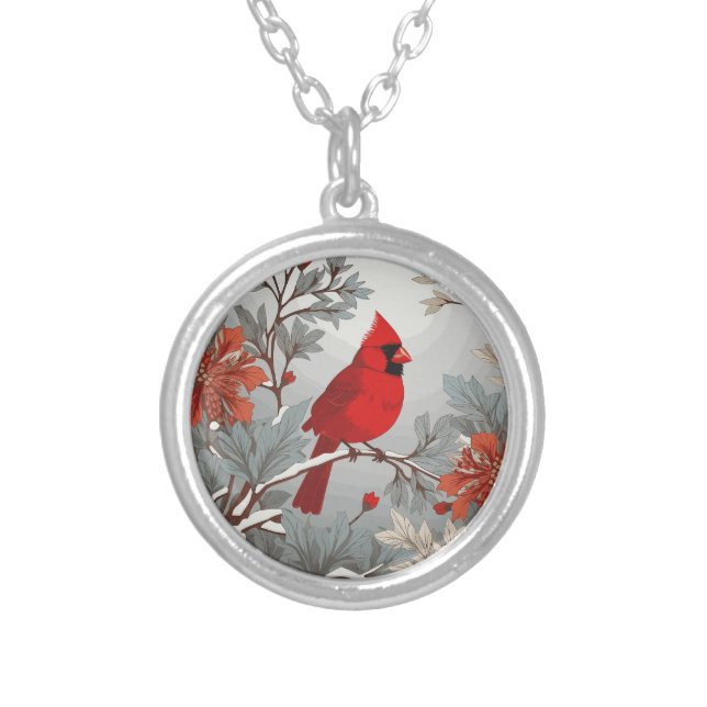 Wintery Red Cardinal Bird  Silver Plated Necklace (Front)