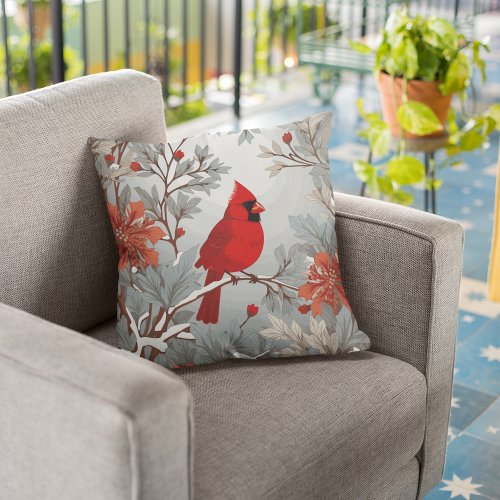 Wintery Red Cardinal Bird  Throw Pillow