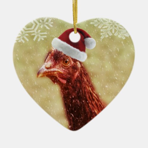 Wintery Snowflake Santa Hat Chicken Ceramic Ornament