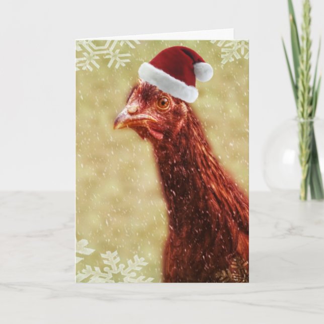Wintery Snowflake Santa Hat Chicken Holiday Card (Front)