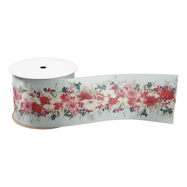wintry blue christmas botanical elegant Holiday Satin Ribbon (Spool)