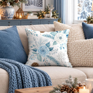 Wintry Blue Flowers Decorative Throw Pillow Design