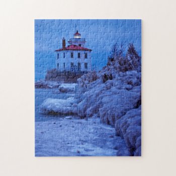 Wintry  Icy Night At Fairport Harbor Lighthouse Jigsaw Puzzle by tothebeach at Zazzle