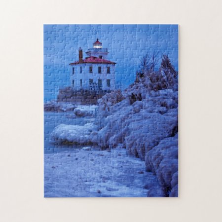 Wintry, Icy Night At Fairport Harbor Lighthouse Jigsaw Puzzle