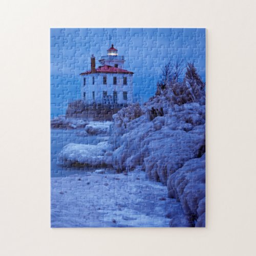 Wintry Icy Night At Fairport Harbor Lighthouse Jigsaw Puzzle