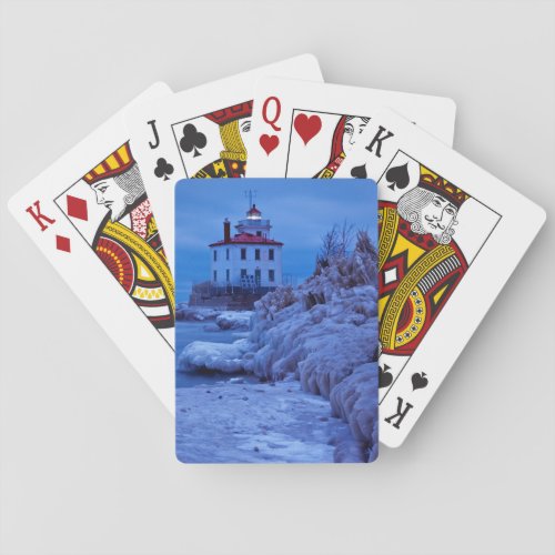 Wintry Icy Night At Fairport Harbor Lighthouse Poker Cards