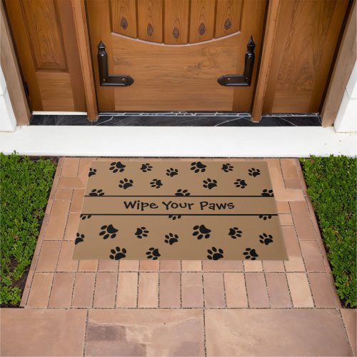 Wipe Your Paws Black Paw Prints Pattern Brown Doormat