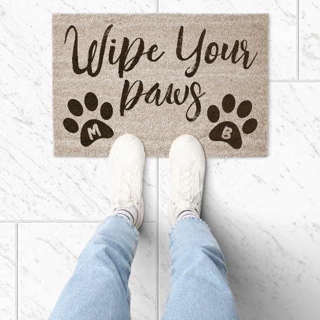 Wipe Your Paws Dog lover Custom two Monograms Coir Fiber Doormat (Insitu)