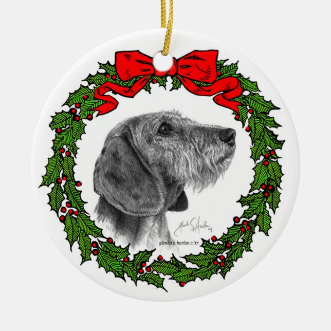 Wire Coat Dachshund Art by Glenda S. Harlan Ceramic Ornament (Front)