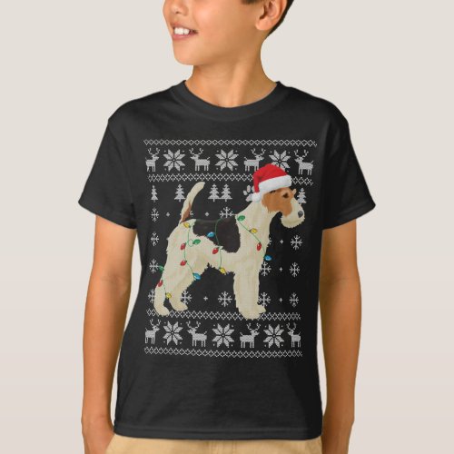 Wire Fox Terrier Christmas Ugly Lights Santa Hat D T_Shirt
