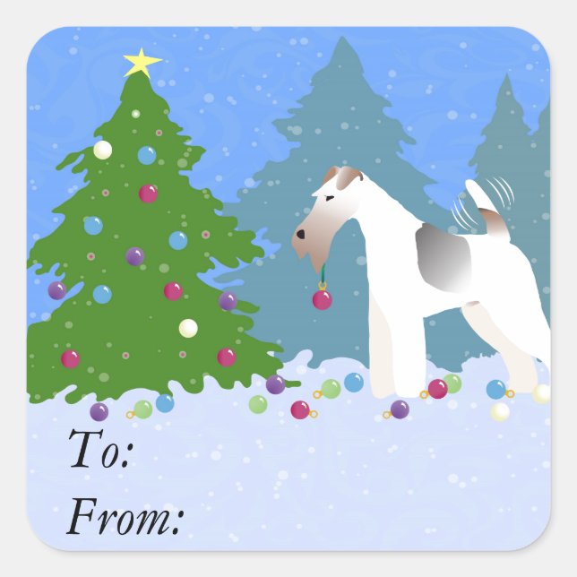 Wire Fox Terrier Decorating Christmas Tree -Forest Square Sticker (Front)