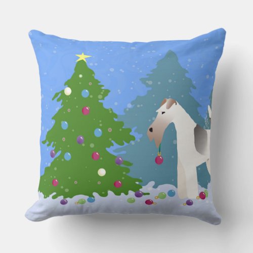 Wire Fox Terrier Decorating Christmas Tree _Forest Throw Pillow