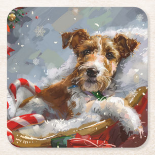 Wire Fox Terrier Dog Christmas Festive  Square Paper Coaster