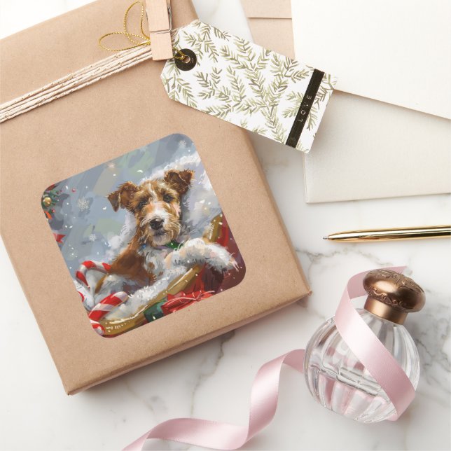 Wire Fox Terrier Dog Christmas Festive  Square Sticker (Gifting)