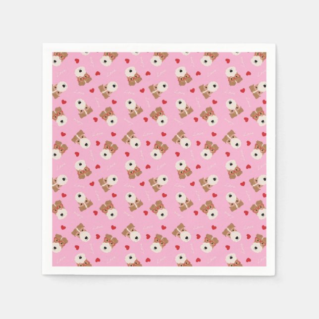 Wire Fox Terrier Dog Heart Glasses Pattern Pink Napkins (Front)