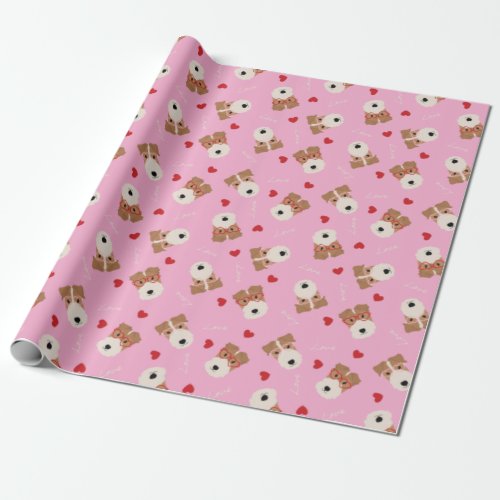 Wire Fox Terrier Dog Heart Glasses Pattern Pink Wrapping Paper