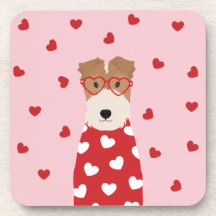 Wire Fox Terrier Dog Heart Glasses Pink Red Beverage Coaster