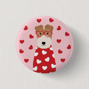 Wire Fox Terrier Dog Heart Glasses Pink Red Button