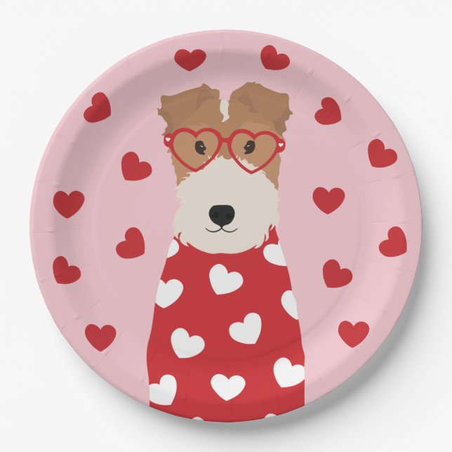 Wire Fox Terrier Dog Heart Glasses Pink Red Paper Plates (Front)
