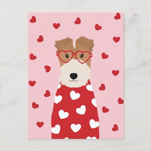 Wire Fox Terrier Dog Heart Glasses Pink Red Postcard