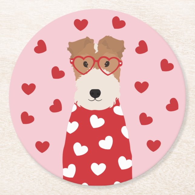 Wire Fox Terrier Dog Heart Glasses Pink Red Round Paper Coaster (Front)