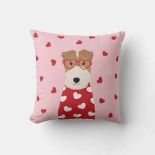 Wire Fox Terrier Dog Heart Glasses Pink Red Throw Pillow