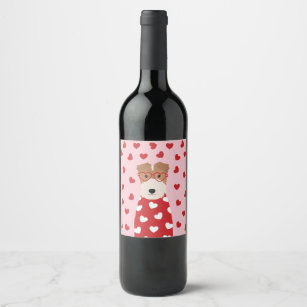 Wire Fox Terrier Dog Heart Glasses Pink Red Wine Label
