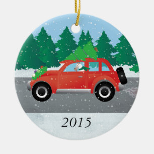 Wire Fox Terrier Driving a Christmas Car Ceramic Ornament