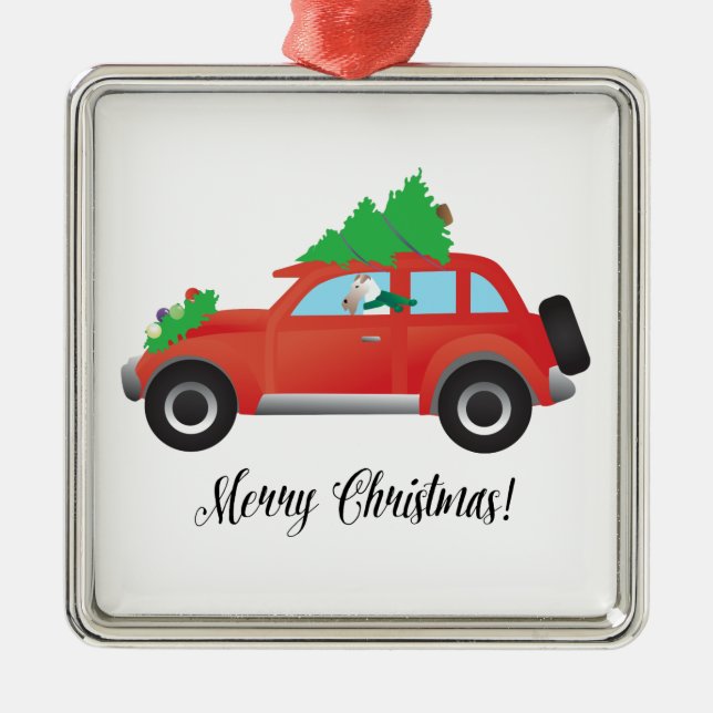 Wire Fox Terrier Driving a Christmas Car Metal Ornament (Front)